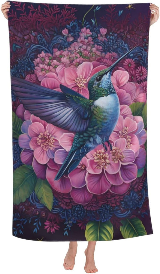 Floral Bird Beach Towel 31inx51in, Hummingbird Sand-Free Microfiber Bath Towel Ultra Soft Quick Dry Pool Towel Absorbent Towel Lightweight Towel for Swimming Bathroom Decor