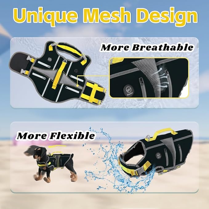 EMUST Dog Life Jacket, Reflective Dog Life Vest for Swimming with 4 Pockets, High Buoyancy Small Medium Large Dog Floating Vest with Reinforced Rescue Handle, Black, XS