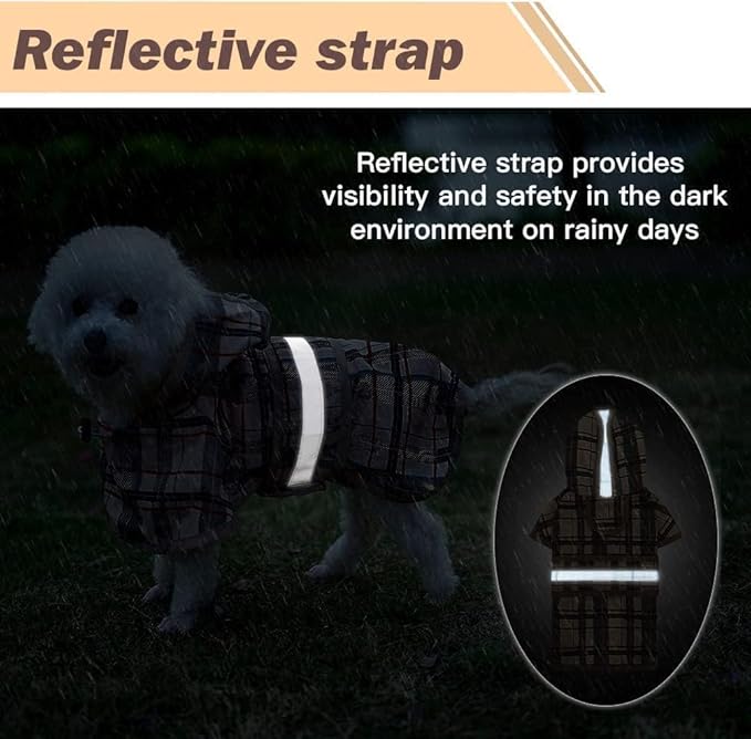 KOOLTAIL Dog Raincoat Hooded Slicker Poncho with Leash Hole, Raincoat for Small Medium Dogs, Waterproof Doggie Rain Jacket with Reflective Strip, Adjustable Breathable Plaid Puppy Rainwear-Beige XS