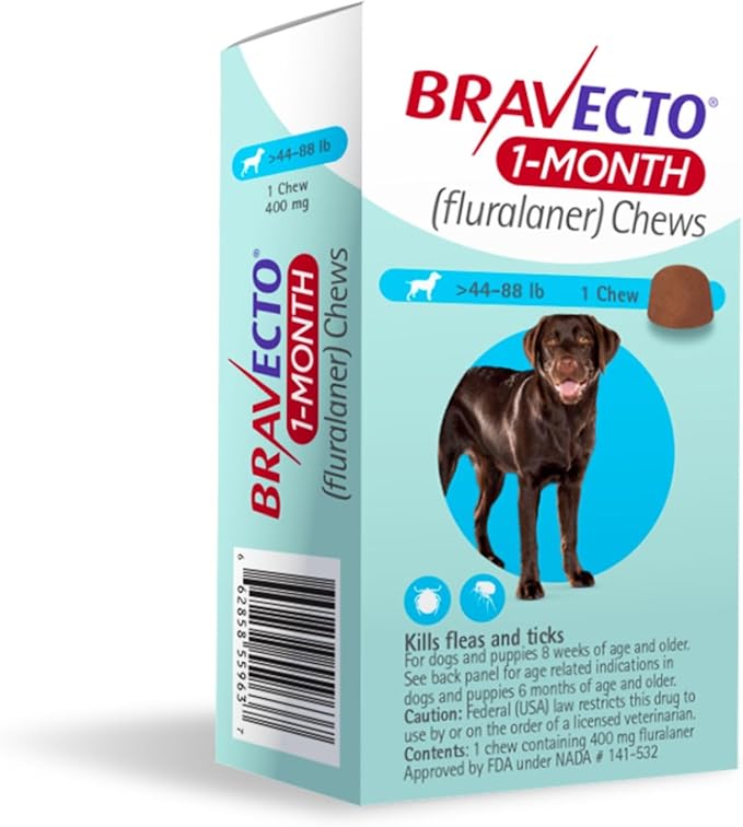 BRAVECTO 1-Month Flea & Tick Chew for Puppies, 1 Chew, 1 Month Supply, 44-88 lbs., Blue Box