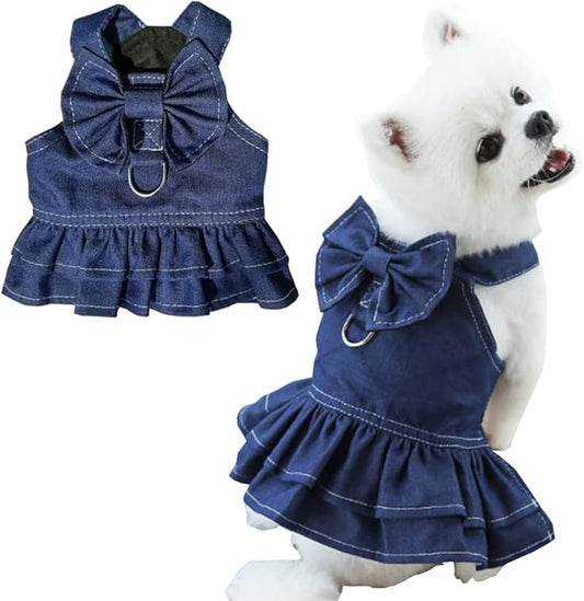 ANIAC Denim Dog Dresses for Small Dogs Puppy Girl Clothes with Leash Ring and Cute Bow Knot Summer Cat Apparel with D-Ring Blue Girl Dog Clothes (Dark Blue, X-Small)