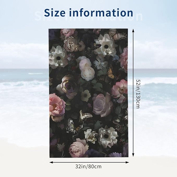 Dark Floral Butterfly Beach Towel Flower Sand-Free Microfiber Bath Towel Ultra Soft Quick Dry Pool Towel Absorbent Towel Lightweight Towel Gifts for Outdoor Bathroom Swimming Decor 31inx51in