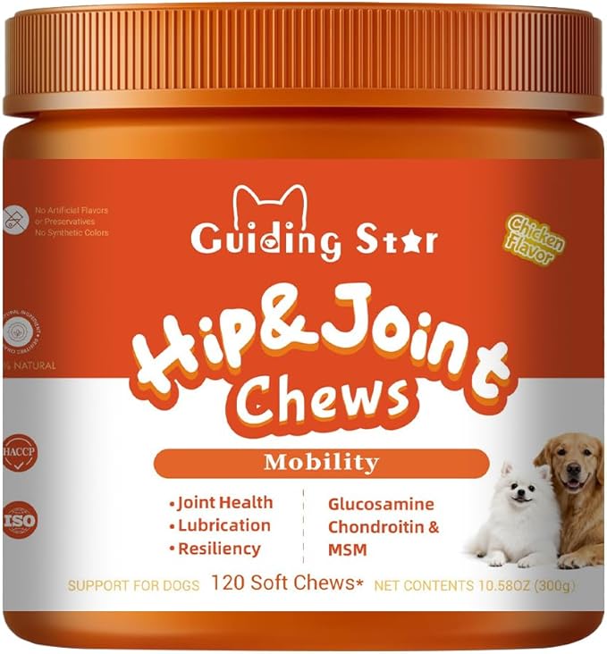 Hip and Joint Supplement for Dogs Glucosamine for Dogs, Mobility, Flexibility & Comfort Support, Hip and Joint Supplement with Chondroitin, MSM, Vitamins C & E, 120 Chews Chicken Flavored