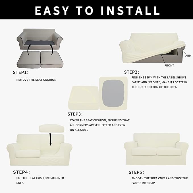 Easy-Going 100% Dual Waterproof 3 Pieces Loveseat Cover Stretch Soft Couch Cover for Dogs, Sofa Slipcover for 2 Separate Cushion Couch Leakproof Furniture Protector for Kids, Pets Ivory