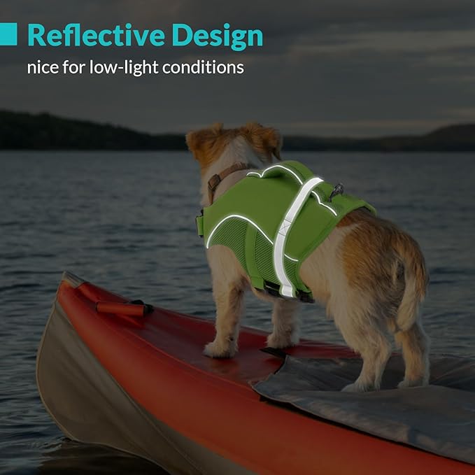 Queenmore Dog Life Jacket, Adjustable Ripstop Dog Life Vest for Swimming Boating, Doggy Lifesaver with Superior Buoyancy and Rescue Handle, Pet Swimming Vest for Large Dogs（Green,L）