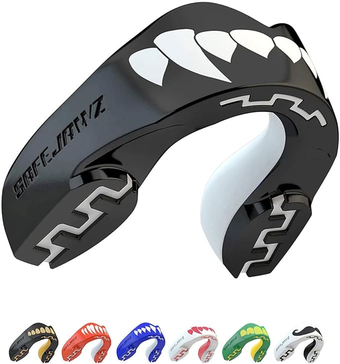 SAFEJAWZ Mouth Guard, Dual Layer Mouthguard for Adults with Case, Easy Fit Remoldable Mouthpiece for Football, Boxing, Lacrosse, MMA, Basketball & All Contact Sports (Adult 12+ Years, Black Fangz)