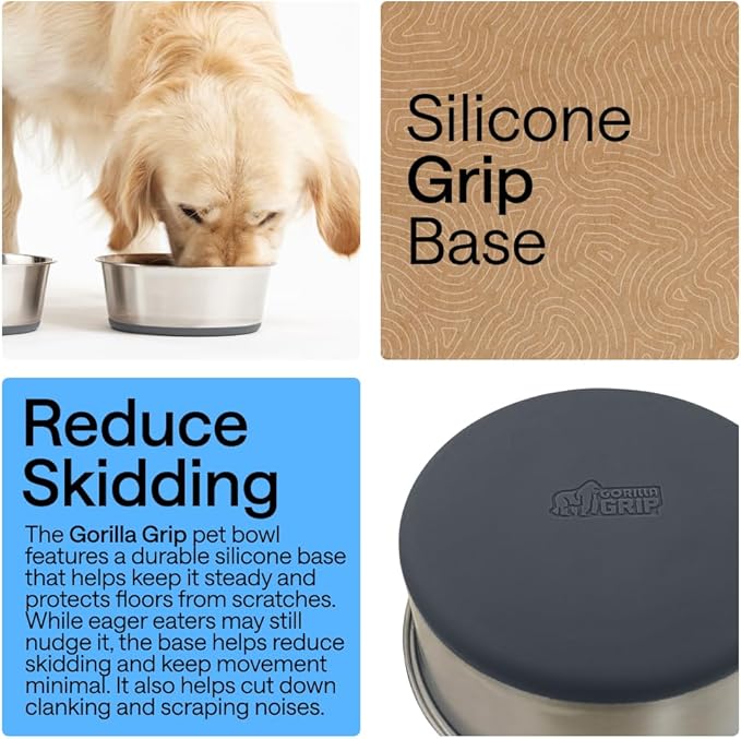 GORILLA GRIP Dog Bowls, Heavy Duty 304 Stainless Steel, Holds 4 Cups Each (32 fl oz) Food and Water Bowl for Feeding Dogs and Cats, Dishwasher Safe, Rust Resistant, BPA Free Rubber Base Set of 2 Gray