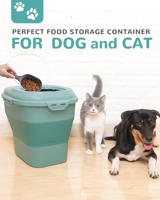 30-35 Lbs Dog Food Storage Container Collapsible Dog Food Container with Airtight Lids, Wheels, Scoop and 2pcs Food Storage Containers, Large Pet food storage for Dog, Cat (Green)