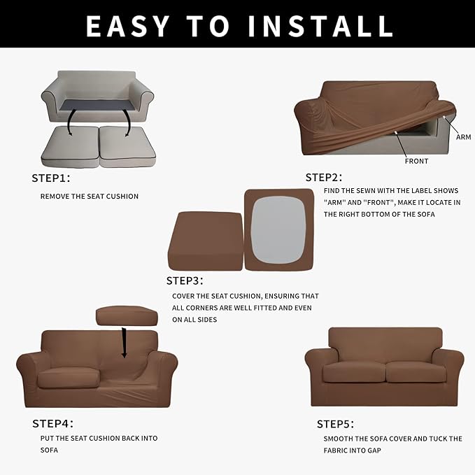 Easy-Going 100% Dual Waterproof 3 Pieces Loveseat Cover Stretch Soft Couch Cover for Dogs, Sofa Slipcover for 2 Separate Cushion Couch Leakproof Furniture Protector for Kids, Pets Brown
