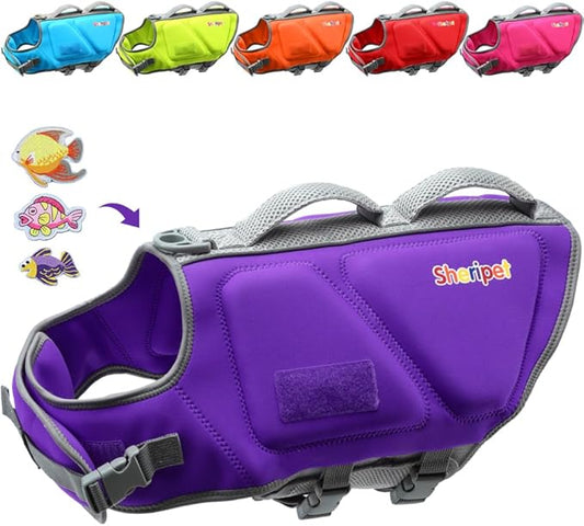 Dog Life Jacket for X-Large Dogs, High Buoyancy Dog Life Vests for Boating Swimming with Fashion Fabric Patches, Pet Swim with Reflective Stripes and Rescue Handle, Dogs Flotation Vest, XL