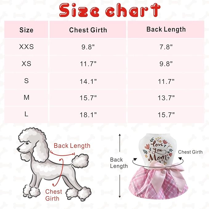 Idepet Dog Dress Love You Mom, Mother's Day Dog Dresses Puppy Skirt Pet Apparel Daisy Sleeveless Holiday Clothes for Small Dogs Girls and Cats, Pink Plaid,XL