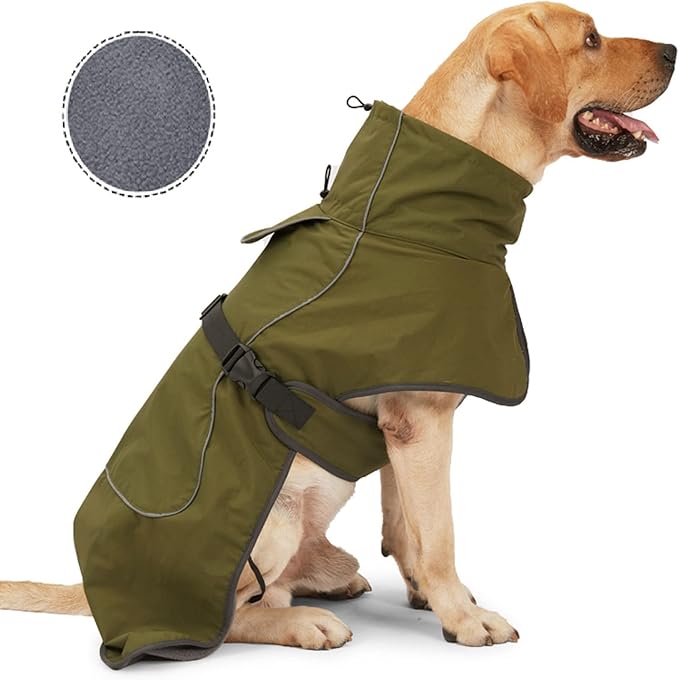 Barkworthies Dog Raincoat - Waterproof Winter Jacket with Velvet Inner, Reflective Strip, Green, XL