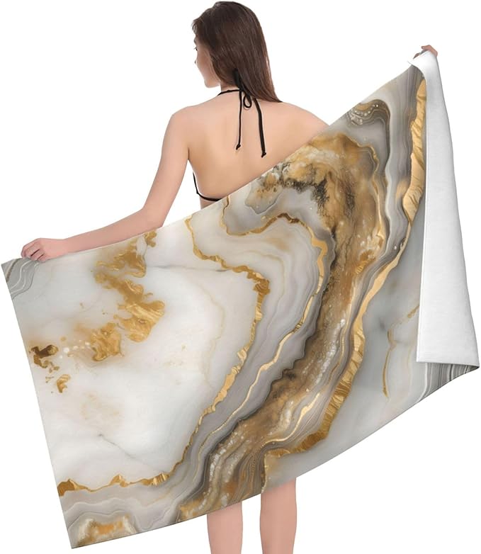 Gold Marble Beach Towel - Art Style - 32inx52in - 100% Cotton - Quick Dry - Absorbent - Lightweight - Sand-Free - Perfect for Beach, Pool & Bath