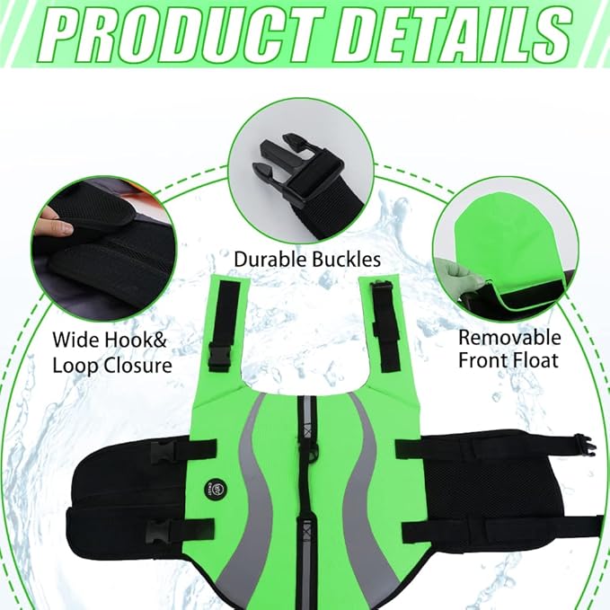 EMUST Dog Flotation Vest, Reflective Life Jacket for Small Dogs with Rescue Handle, Small Dog Vests Lifesaver for Swimming Boating Water with Front Neck Float, Green,S