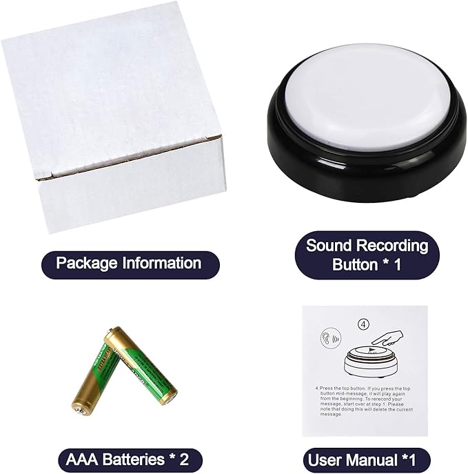 Cover 30 Seconds Recordable Talking Button Record Button Toy Gift Answer Buzzers (White+Black)