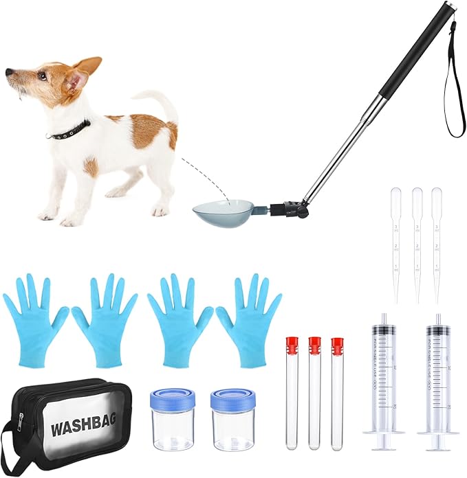 Kanayu 17 Pcs Dog Urine Collector Dog Urine Collection Pack, Include Telescopic Dog Urine Sample Catcher, Urine Sample Cups, Pipettes, Vials and Syringe for Pet Pregnancy Pee Test, Veterinary Supplies