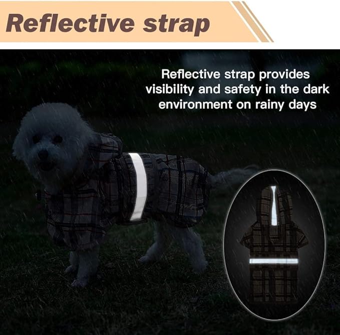 KOOLTAIL Dog Raincoat Hooded Slicker Poncho with Leash Hole, Raincoat for Small Medium Dogs, Waterproof Doggie Rain Jacket with Reflective Strip, Adjustable Breathable Plaid Puppy Rainwear-Beige M
