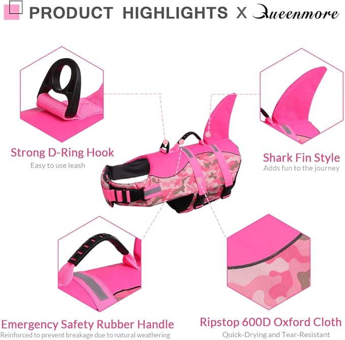 Queenmore Dog Life Jacket Ripstop Dog Shark Safety Vest Adjustable Preserver with High Buoyancy and Durable Rescue Handle for Small,Medium,Large Dogs, Pink Camouflage X-Large