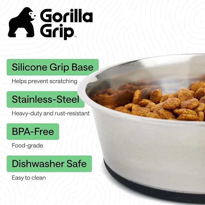 GORILLA GRIP Dog Bowls, Heavy Duty 304 Stainless Steel, Holds 4 Cups Each (32 fl oz) Food and Water Bowl for Feeding Dogs and Cats, Dishwasher Safe, Rust Resistant, BPA Free Rubber Base Set of 2 Black