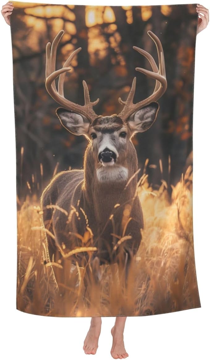 Autumn Deer Beach Towel,32x52in Microfiber Quick Dry Majestic Buck Fall Forest Golden Field Bath Towels,Soft Lightweight Oversized Sand Free,for Travel Pool Swimming Gym Decor,Gifts