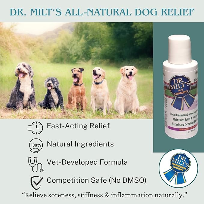 Dr. Milt's Dog Hip and Joint Pain Relief Gel, Topical Magnesium Sulfate & Arnica Ointment. Reduces Inflammation, Lessens Tenderness and Alleviates Nervousness. 1-2oz Gel