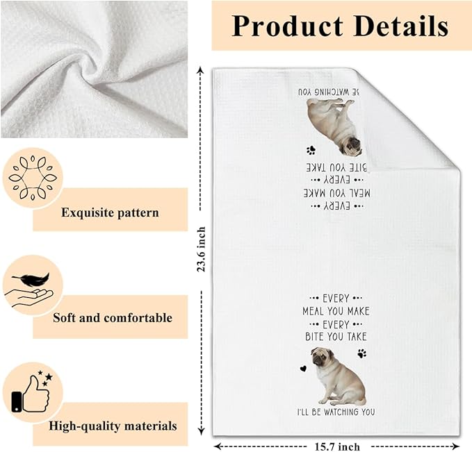 Funny Pug Dish Towels for Kitchen Sets of 2, Gifts for Pug Dog Lover, Drying Cloth Tea Towel Hand Towels for Cooking Baking Bathroom Decor, 16 x 24 Inch -22