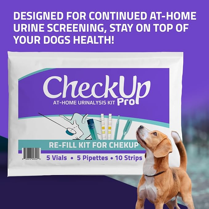 CheckUp Dog Pro Refill Kit – 10 Urine Test Strips (10A), 5 Pipettes, 5 Vials – at-Home Dog Health Screening for Glucose, Protein, pH, Leukocytes, Nitrite, Blood & More