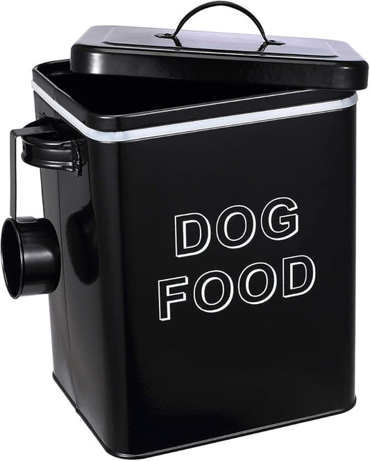 Dog Food Storage Container Farmhouse Pet Food Storage Containers with Lid and Scoop, Perfect Vintage Canister Treats Tin for Kitchen Countertop, Shelf, Great Gift for Pet Owners - Dog Food - Black
