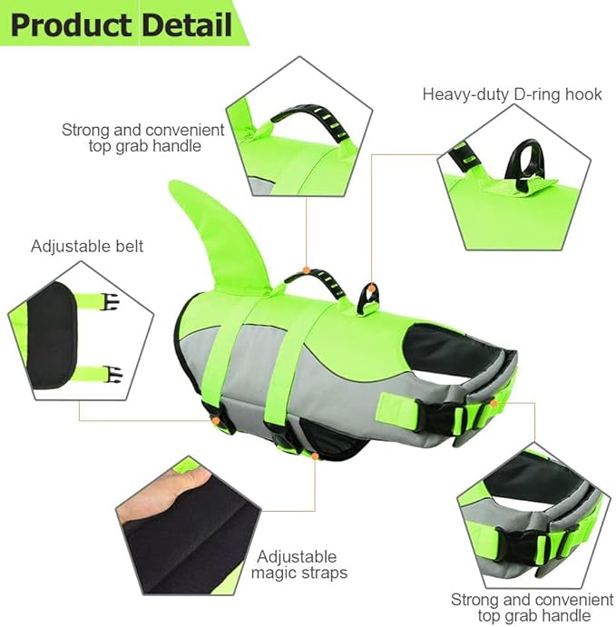 Dog Shark Life Jacket, Dog Life Vest for Swimming Adjustable Pet Life Preserver with Rescue Handle X-Small