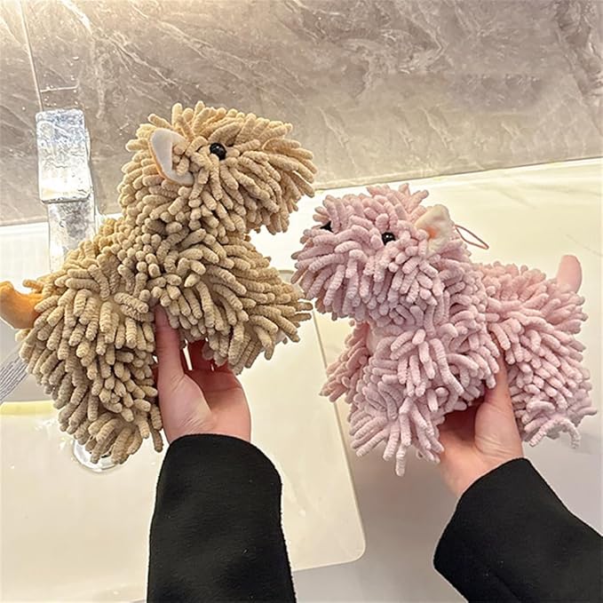 Chenille Hand Towel - Cute Cartoon Dog Plush Fuzzy Ball Hand Towel, Super Absorbent Hanging Kitchen & Bathroom Towels for Kids, Soft Hand Drying Puff for Bath, Washstand (White)
