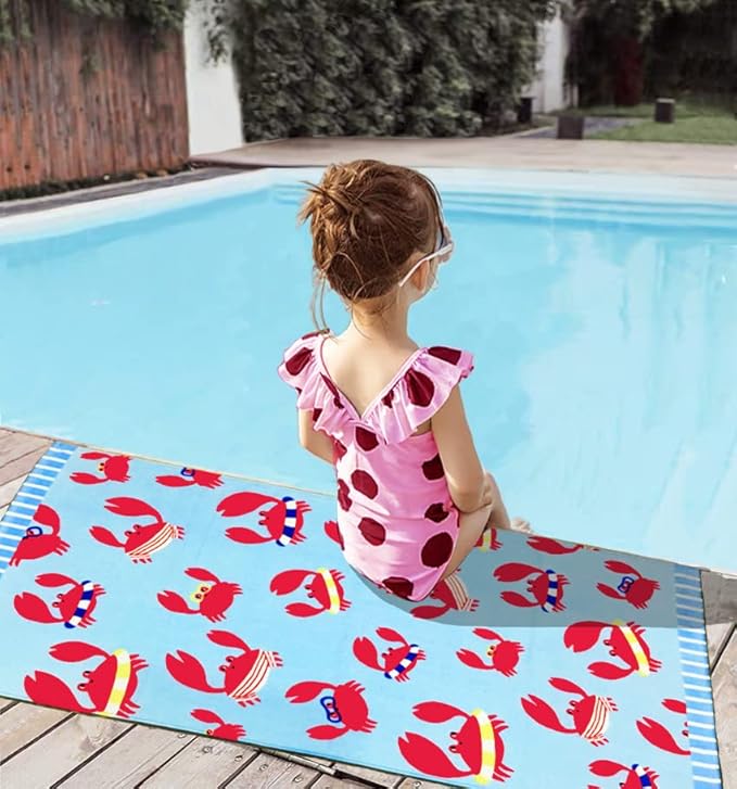 YIFONTIN Beach Towel for Kids Velour Terry Blanket Throw 100% Cotton 25.5X51 inches for Swimming Bath Travel Camping and Picnic, Red Crab.