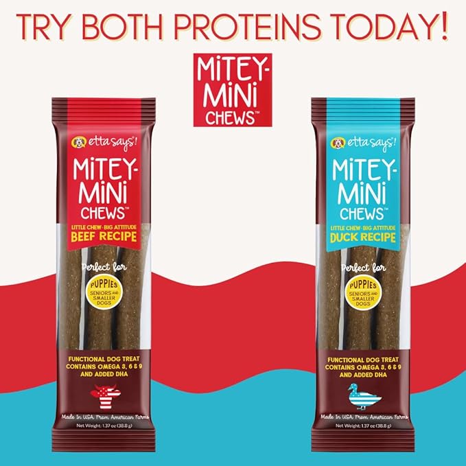 etta says! Mitey Mini Chews Dog Treats - Made in The USA - Grain-Free and Odor-Free - All-Natural Dog Chews - Perfect for Puppies and Senior Dogs - with Omega 3, 6, and 9 - Beef - 18 Pack - 54 Count