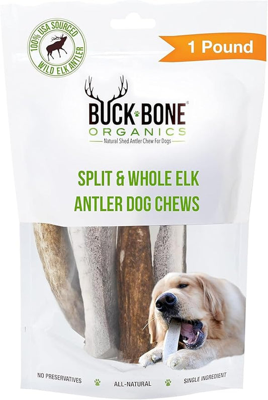 Buck Bone Organics Dog Chews, Elk Antlers for Dogs, Long Lasting Dog Bones for Aggressive Chewers, All Natural, No Preservatives, Wild Shed in the USA (1 Pound Bag)