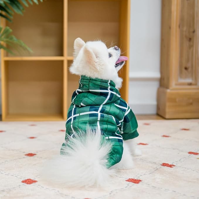 EXPAWLORER Plaid Dog Hoodie - British Style Warm Dog Sweater Shirt with Leash Hole,Pitbull Clothes Outfits,Winter Coat Apparel for All Breeds Puppy Girl Boy-Cat Apparel,Green Small