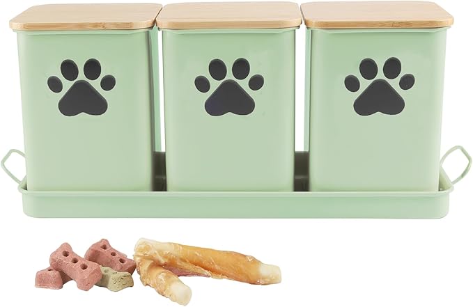 Set of 3 Metal Dog Treat Jars,60oz Airtight Dog Treat Container with Bamboo Lids,Cat Treat Canister,Puppy Cookie Container for Kitchen Counter,Coated Galvanized Steel-Green