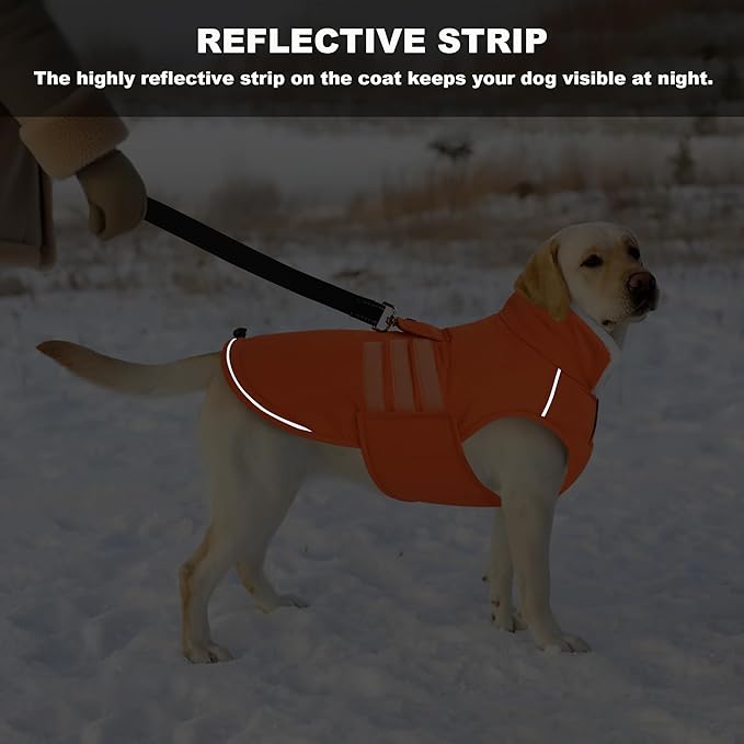 Mklhgty Extra Warm Dog Coat, Waterproof Dog Winter Jacket with Leash Portal, Fleece Reflective Pet Snow Vest for Small Medium Large Dogs - Orange - M