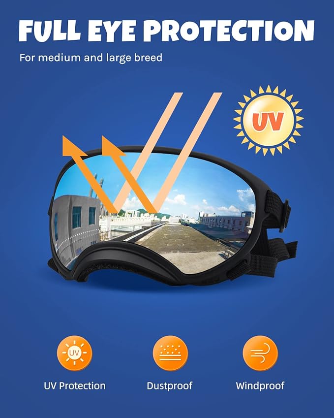 Large Dog Sunglasses, Dog Goggles Large Breed and Medium, UV Protection, Windproof, Dustproof and Snowproof. Shatterproof Lens, Adjustable Strap