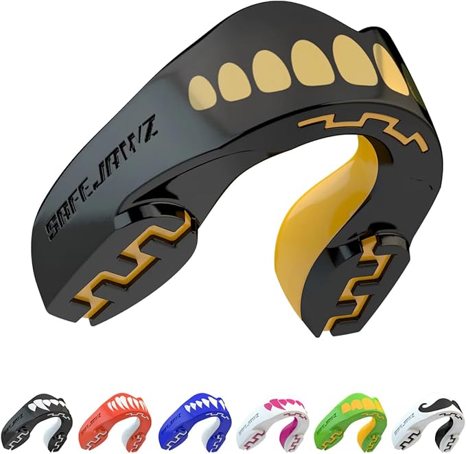 SAFEJAWZ Mouth Guard, Dual Layer Mouthguard for Adults with Case, Easy Fit Remoldable Mouthpiece for Football, Boxing, Lacrosse, MMA, Basketball & All Contact Sports (Adult 12+ Years, Goldie)