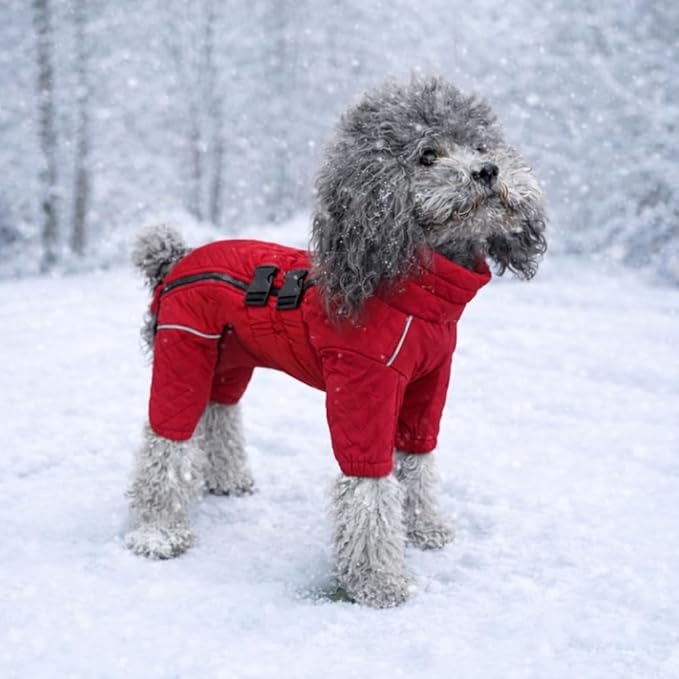 Lovelonglong Warm Coat Double Layers Vest, 4 Legs Covered Windproof Waterproof Reflective Outdoor Skating Costume for Corgis Dachshund Red D-M