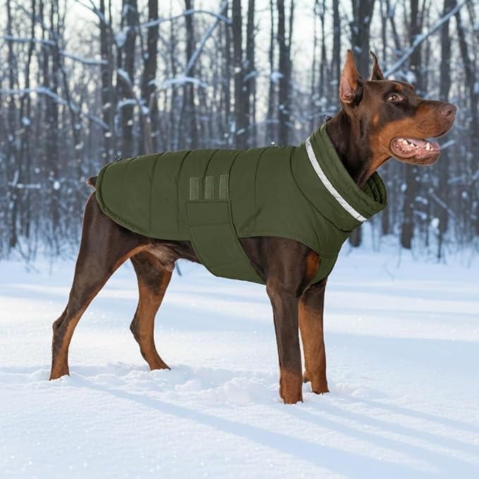 Mklhgty Waterproof Dog Coat for Large Dogs, Warm Dog Winter Jacket, Reflective Windproof Turtleneck Coats with Adjustable Hook & Loop - Green - XL