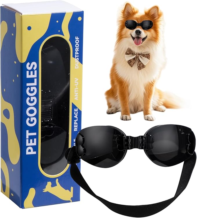 NVTED Foldable Dog Goggles, Dog Sunglasses UV Protection Wind Protection Dust Protection Fog Protection Pet Glasses Eye Wear Protection with Adjustable Strap