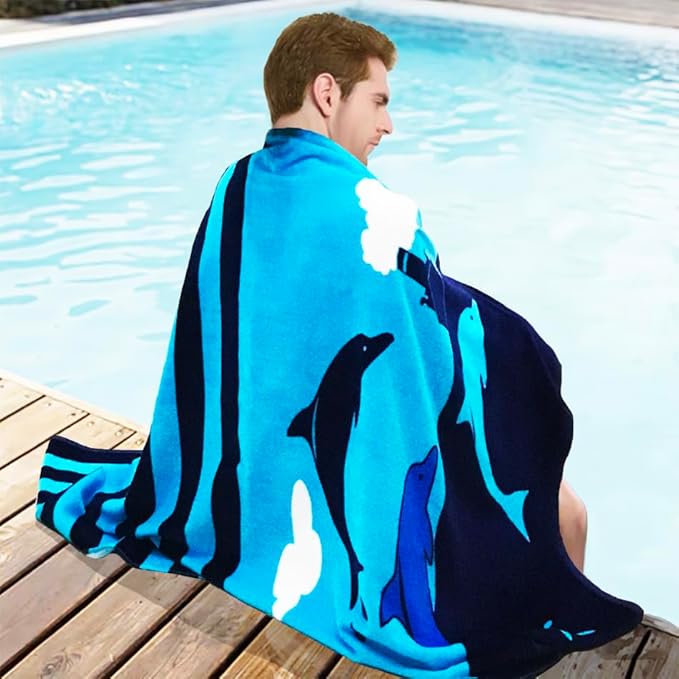 YIFONTIN 4-Pack Beach Towels 100% Cotton Extra Large XL 34"x63" Soft Absorbent Velour Throw Blanket Gift for Bath Holiday Swimming Pool Sports Camping Picnic Yoga, Dolphin Shark Vessel.