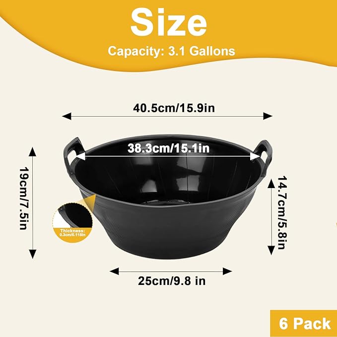 4Pcs Rubber and Plastic Feed Pan with Handle, 3 Gallon / 12 Quart Plastic Feed Pan Utility Horse Feed Bucket for Cats Dogs Goats Chicken Dust Bath Container Animal Feeding Watering Bowl
