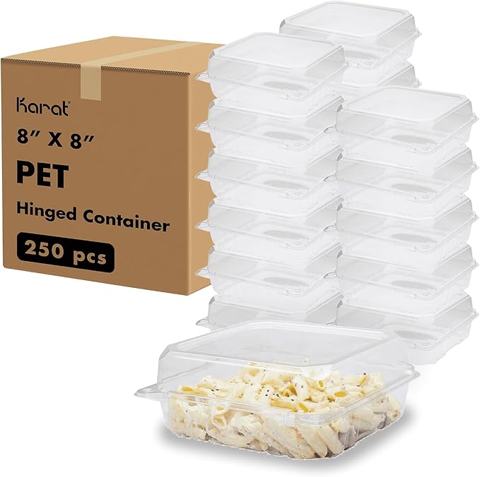 Karat Clamshell Take Out Food Containers [8"x8" - 250 ct] Durable, Stackable, Crack-Resistant To Go Boxes | Clear