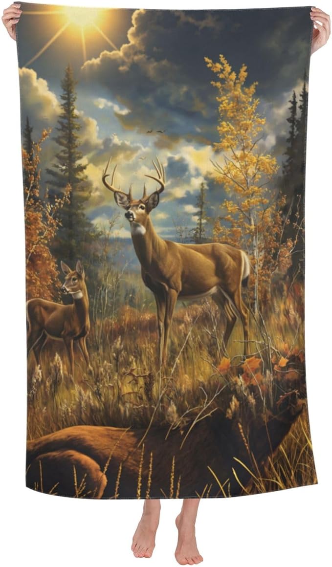 Majestic Deer Beach Towel 31inx51in, Wildlife Sand-Free Microfiber Bath Towel Ultra Soft Quick Dry Pool Towel Absorbent Towel Lightweight Towel for Swimming Bathroom Decor