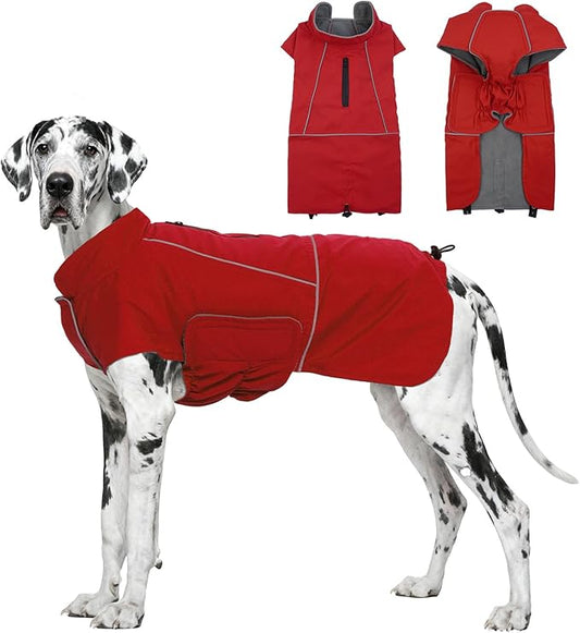 ROZKITCH Great Dane Sweater, Waterproof Windproof Dog Rain Jacket with Fleece Liner and Leash Hole Reflective Strip for Giant Dog, Adjustable Poncho Vest for Outdoor Hiking Travel Red 4XL