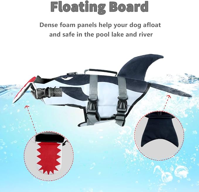 Dog Life Jacket Ripstop Pet Safety Floatation Vest Adjustable Dog Life Preserver Reflective Durable Rescue Handle Pet Lifesaver for Small Medium Large Dogs Swimming Beach Boating（Shark, S）