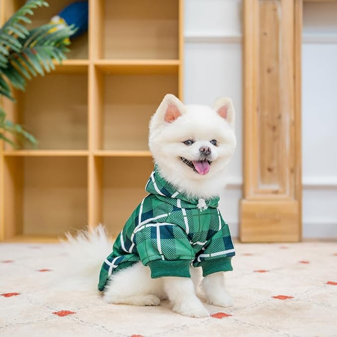 EXPAWLORER Plaid Dog Hoodie - British Style Warm Dog Sweater Shirt with Leash Hole,Pitbull Clothes Outfits,Winter Coat Apparel for All Breeds Puppy Girl Boy-Cat Apparel,Green S-Medium