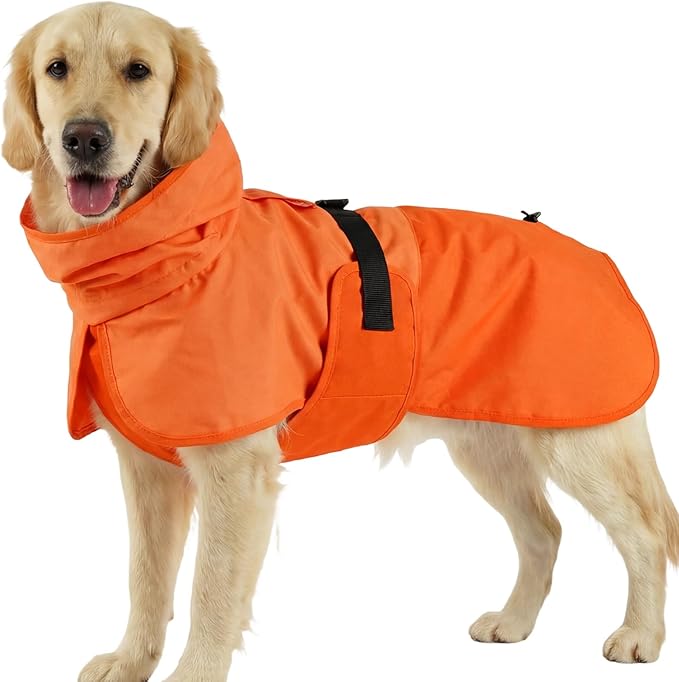 BRKURLEG Dog Raincoat for Small Medium and Large Dogs Waterproof Dog Rain Jacket Adjustable Hooded Dogs Raincoat Pet Rain Coat Poncho with Leash Hole, Reflective Strip, Orange, XXL