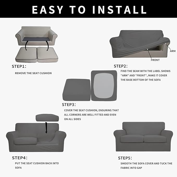 Easy-Going 100% Dual Waterproof 3 Pieces Oversized Loveseat Cover Stretch Soft Couch Cover for Dogs, Sofa Slipcover for 2 Separate Cushion Couch Leakproof Furniture Protector for Kids, Pets Gray